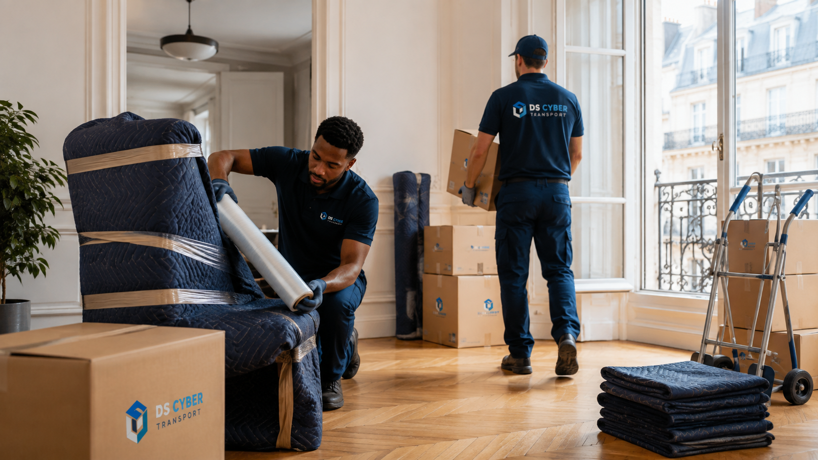 Déménageurs professionnels DS CYBER TRANSPORT dans un appartement moderne
