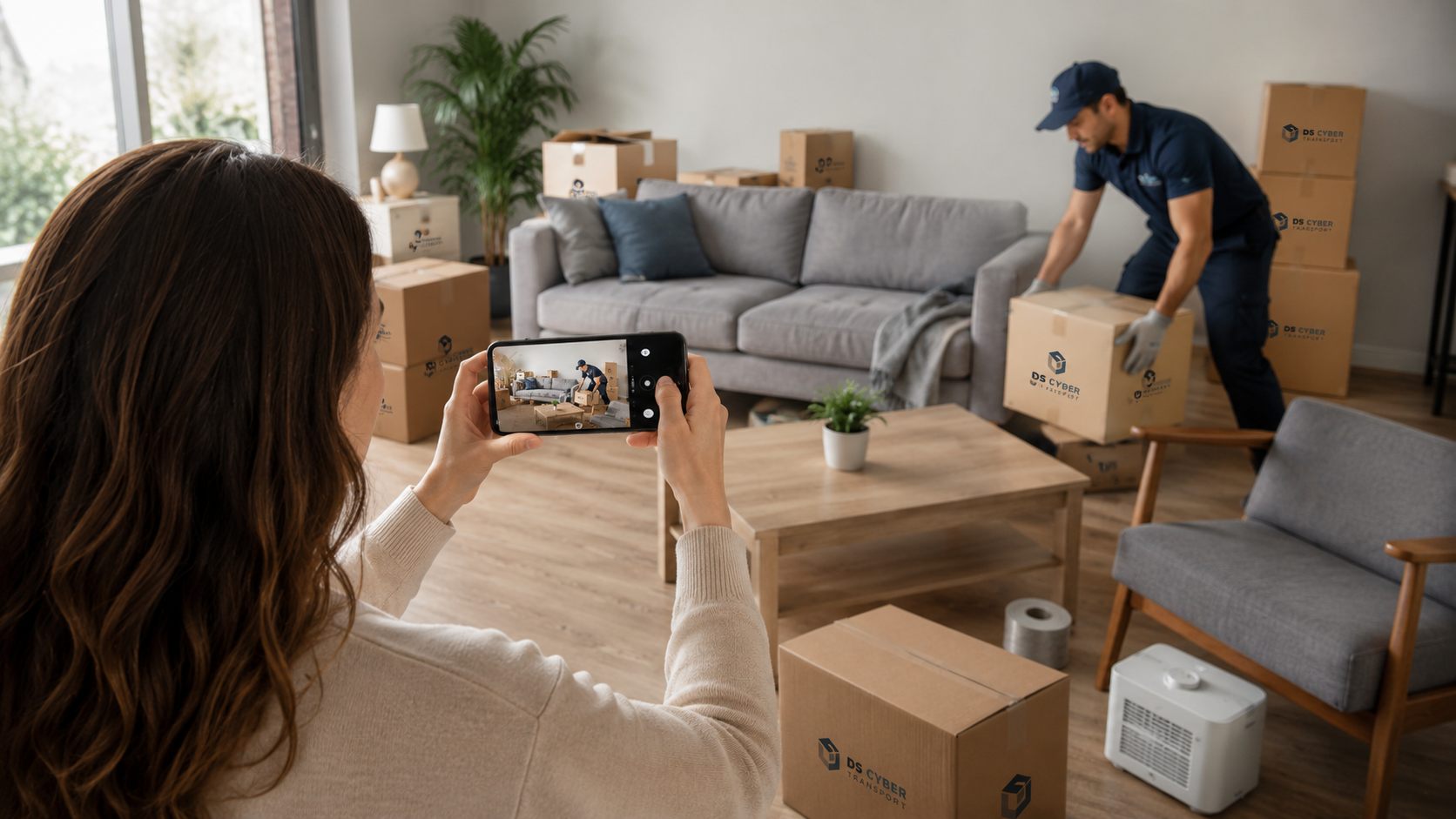 Client utilisant son smartphone pour estimer un déménagement